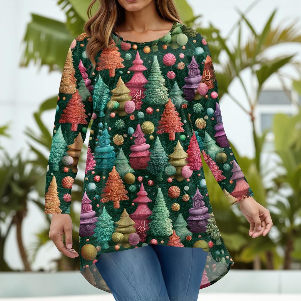 Women's Fashion Large Size Round Neck Long Sleeve Casual Christmas Print Loose Pullover Top