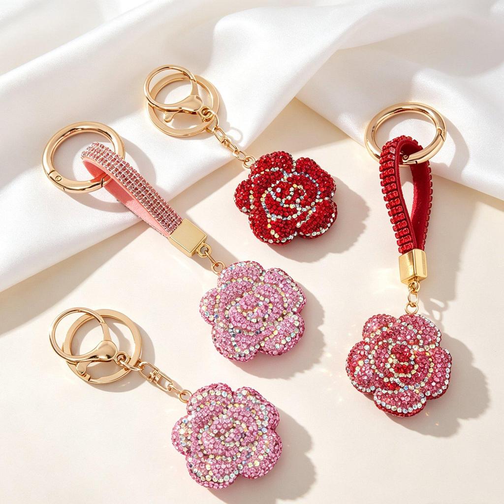 Elegant Rhinestone Camellia Keychain: Multi-Color Glittering Diamond Flower Charm for Bags & Car Keys