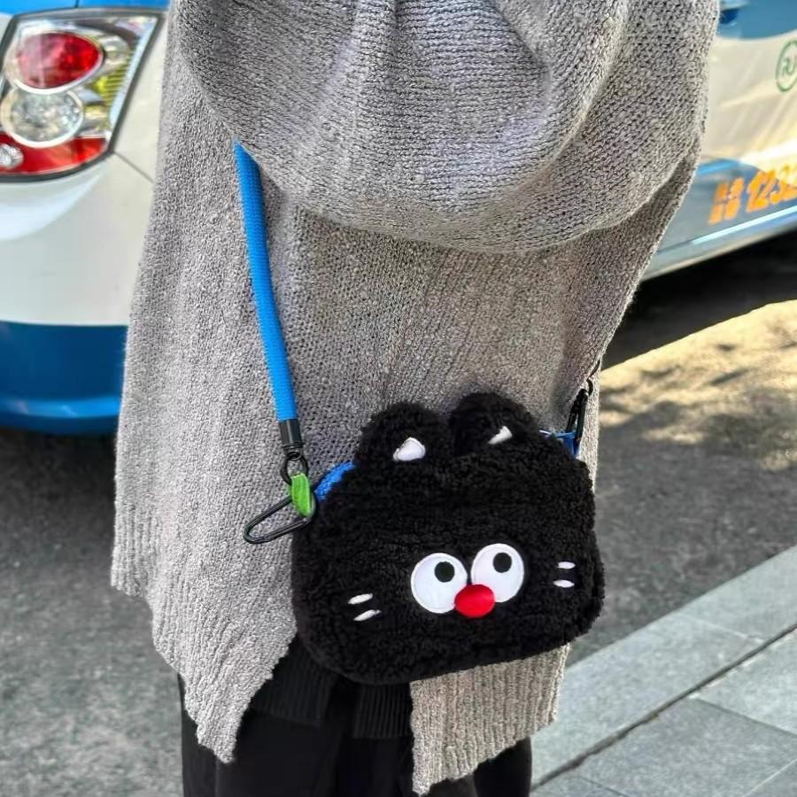 Niche Cute Cartoon Black Cat Fur Bag New Plush Versatile Change Oblique Span Bag Storage Cosmetic Bag Women
