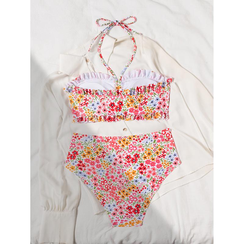 Solid Color 2 Piece Swimsuit Sexy Ruffle Strapless Backless Bikini Set Beach Vacation High Waist Swimwear Bathing Suit