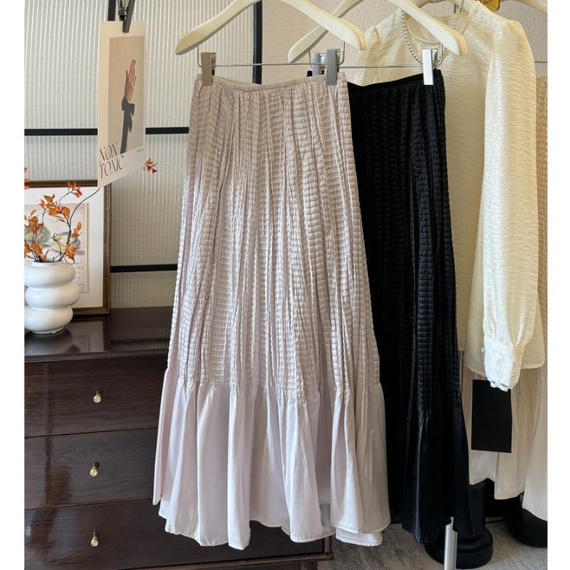 French glossy satin pleated fishtail skirt elegant temperament high waist pleated A-shaped skirt high-end long skirt