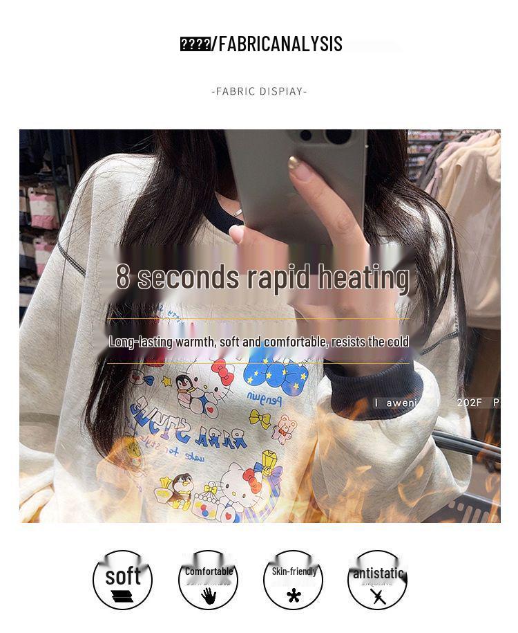 Women's 2025 Korean Style Cartoon Print Round Neck Sweatshirt - Autumn/Winter Velvet Loose Fit