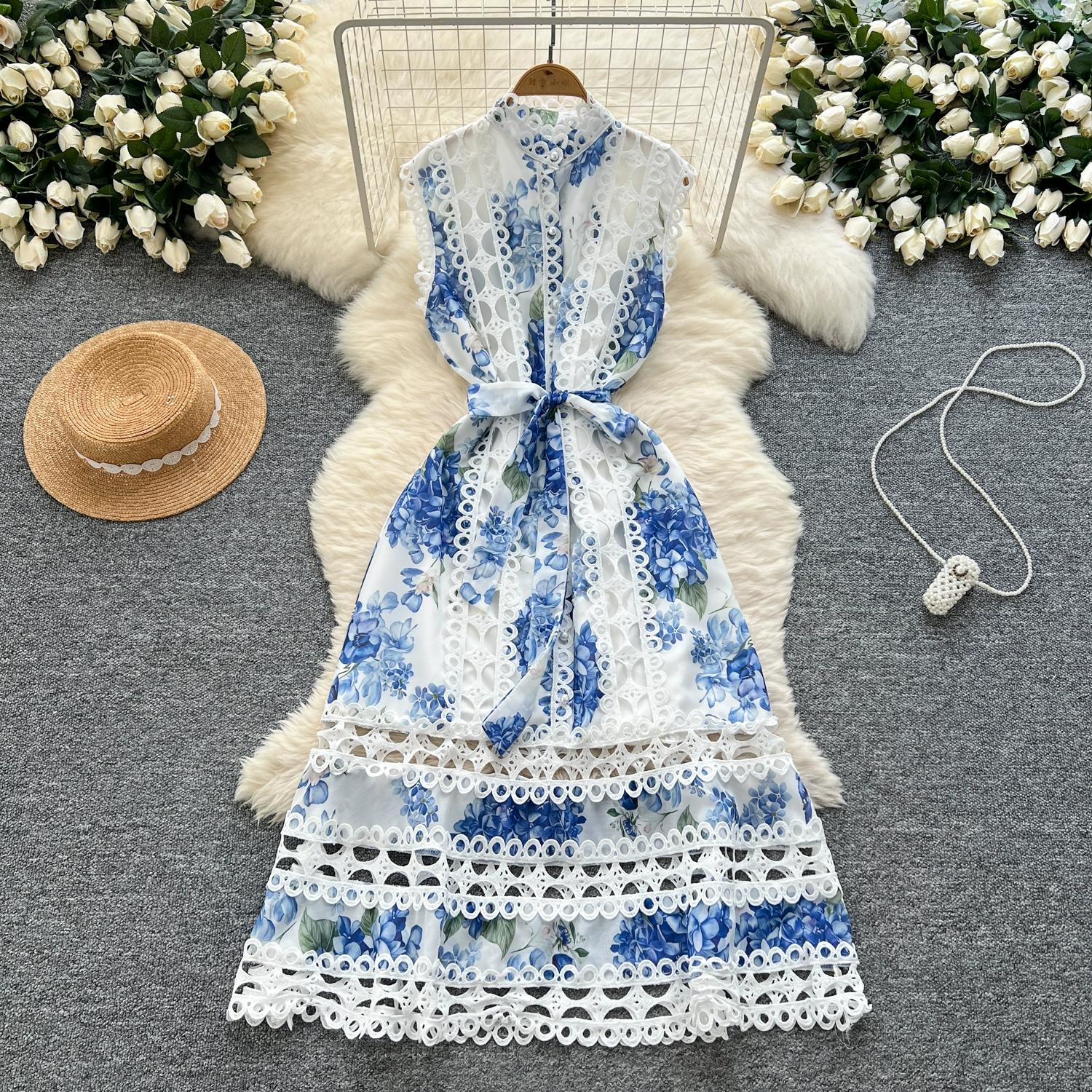 

Летние женские элегантные без рукавов с вышивкой, кружевом, лоскутным принтом, свободные вечерние платья большого размера 2XL синий