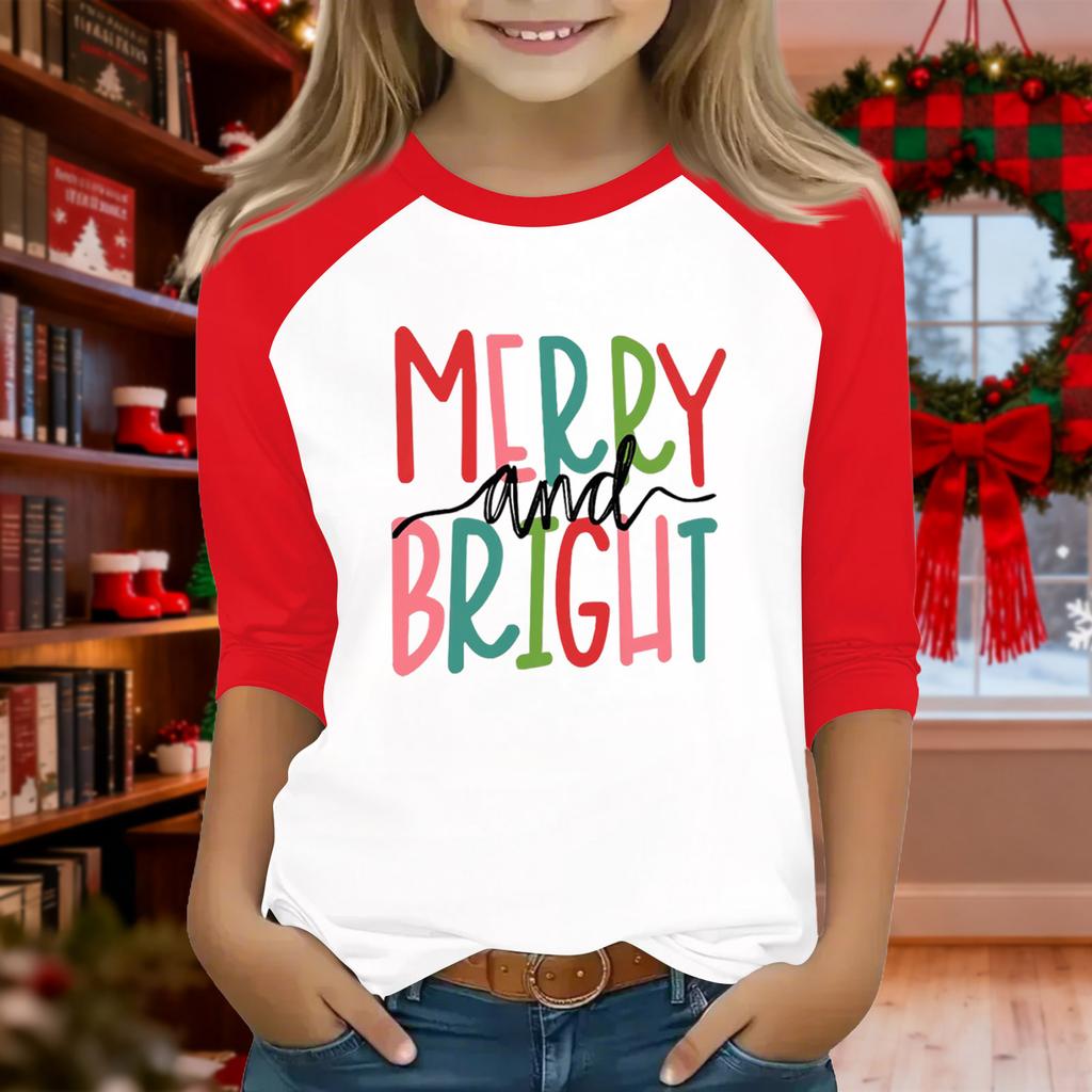 Oberteile für junge Mädchen 4-16 Jahre Rundhals 3/4-Ärmel T-Shirts Trendige Oberteile Outfit T-Shirts Weihnachtstag