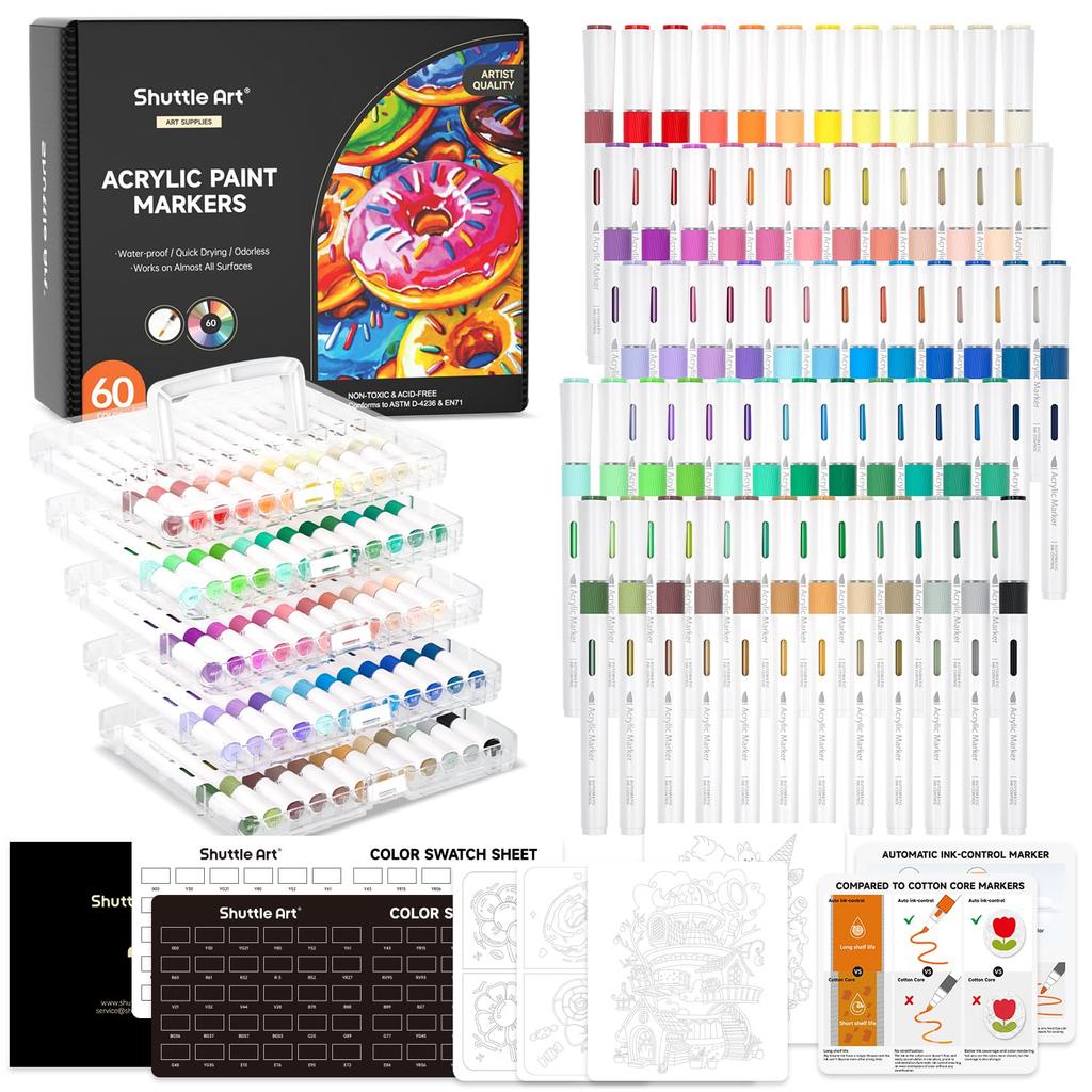 Shuttle Art Acrylic Brush Acrylic Paints for and Includes Storage Perfect for Handmade DIY and Art A Great Markers, 60-Color Set, Direct-Fill Tip,