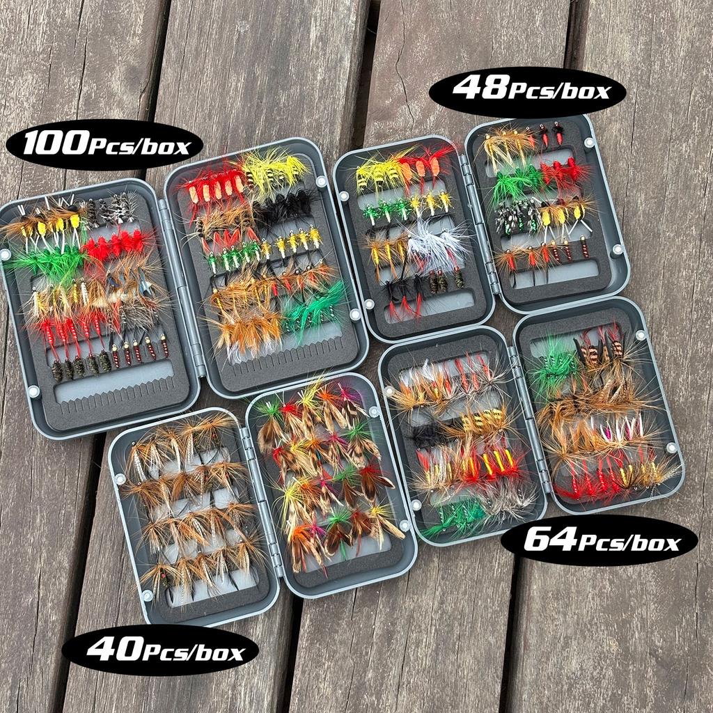 Santa King Fly Fishing Lures Kit with Box Nymph Bead head Wet Fishing Dry Flies for Trout Bass Salmon