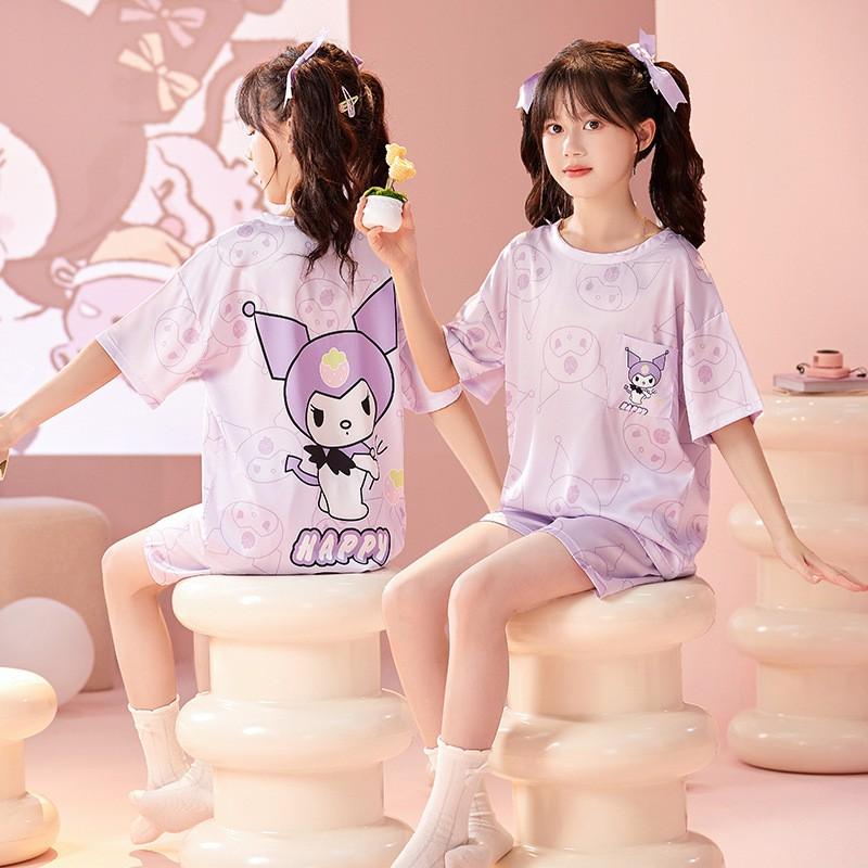 Girls Pajama Set Short Sleeve Ice Silk Sleepwear Kids 8 Years Comfortable Cartoon Print Home Wear