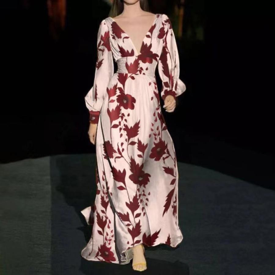 

New Year Women s Dresses Slim Fit Lantern Sleeve Fashion Printed V-Neck Long Dress XXXL