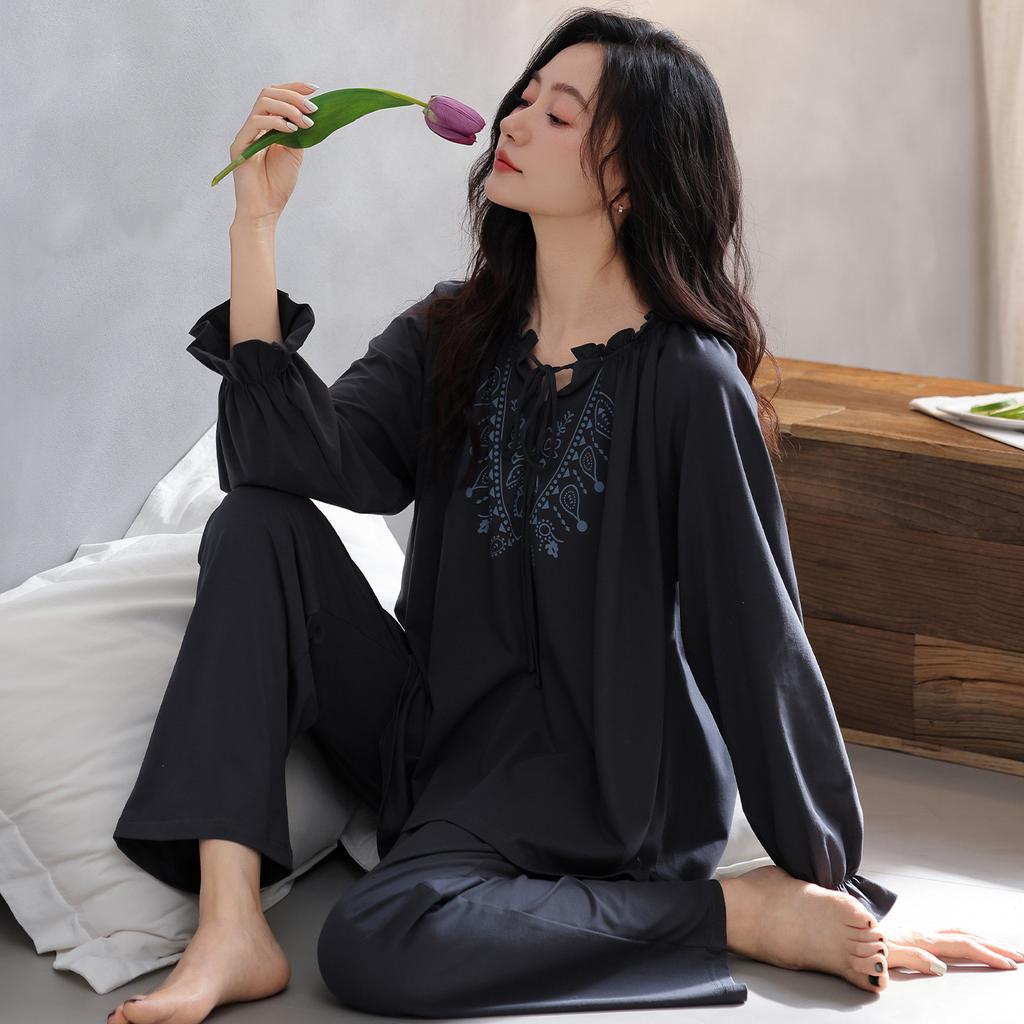 Women's pajamas pure cotton comfortable and simple thin spring and autumn cotton long-sleeved trousers cardigan loungewear can be worn outside set