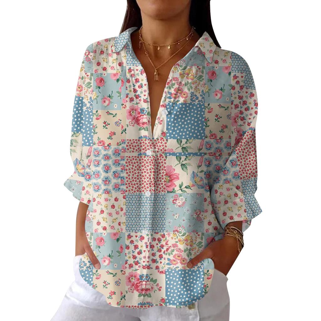 Women's Fashion 3/4 Sleeve Casual Lapel Back Tie- Floral Print T-Shirt Top
