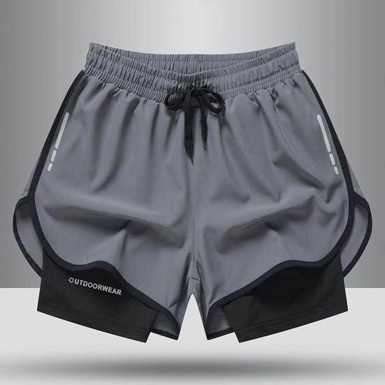 Men Beach Shorts Loose Double Layers Quick Dry Conservative Breathable Swimming Elastic Waist Plus Size Solid Color Swimming Trunks Water Sports