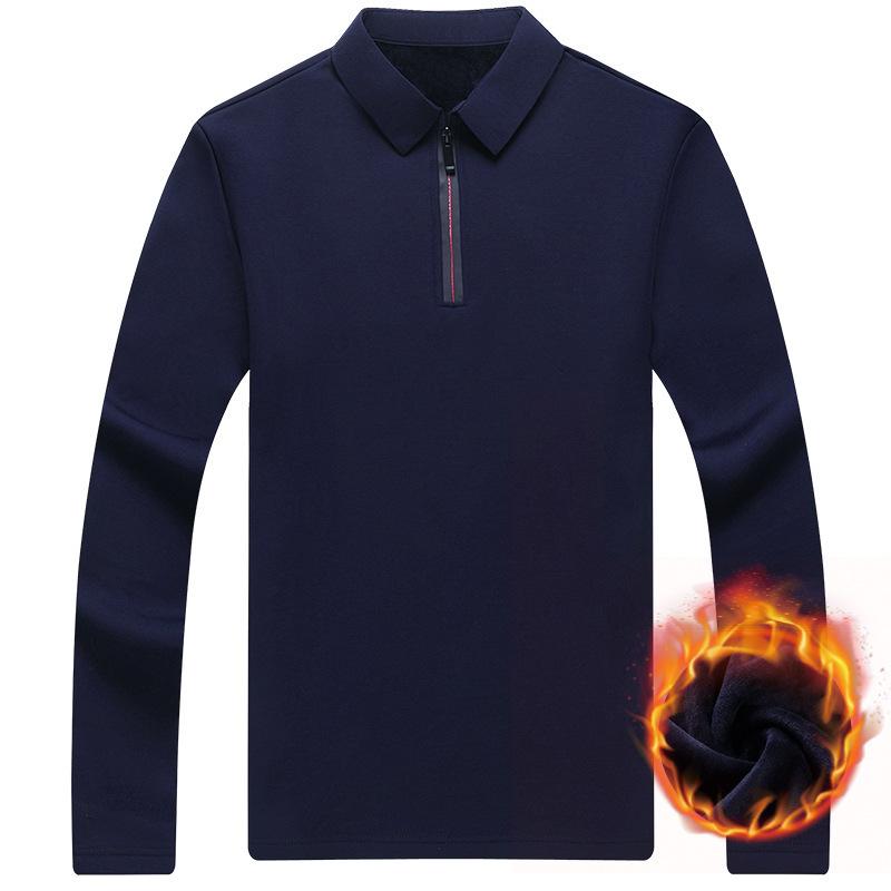 Men's Autumn and Winter Fleece Thickened Stand-up Collar Zipper Long-sleeved Shirt with Long-sleeved Shirt Warm Business T-shirt