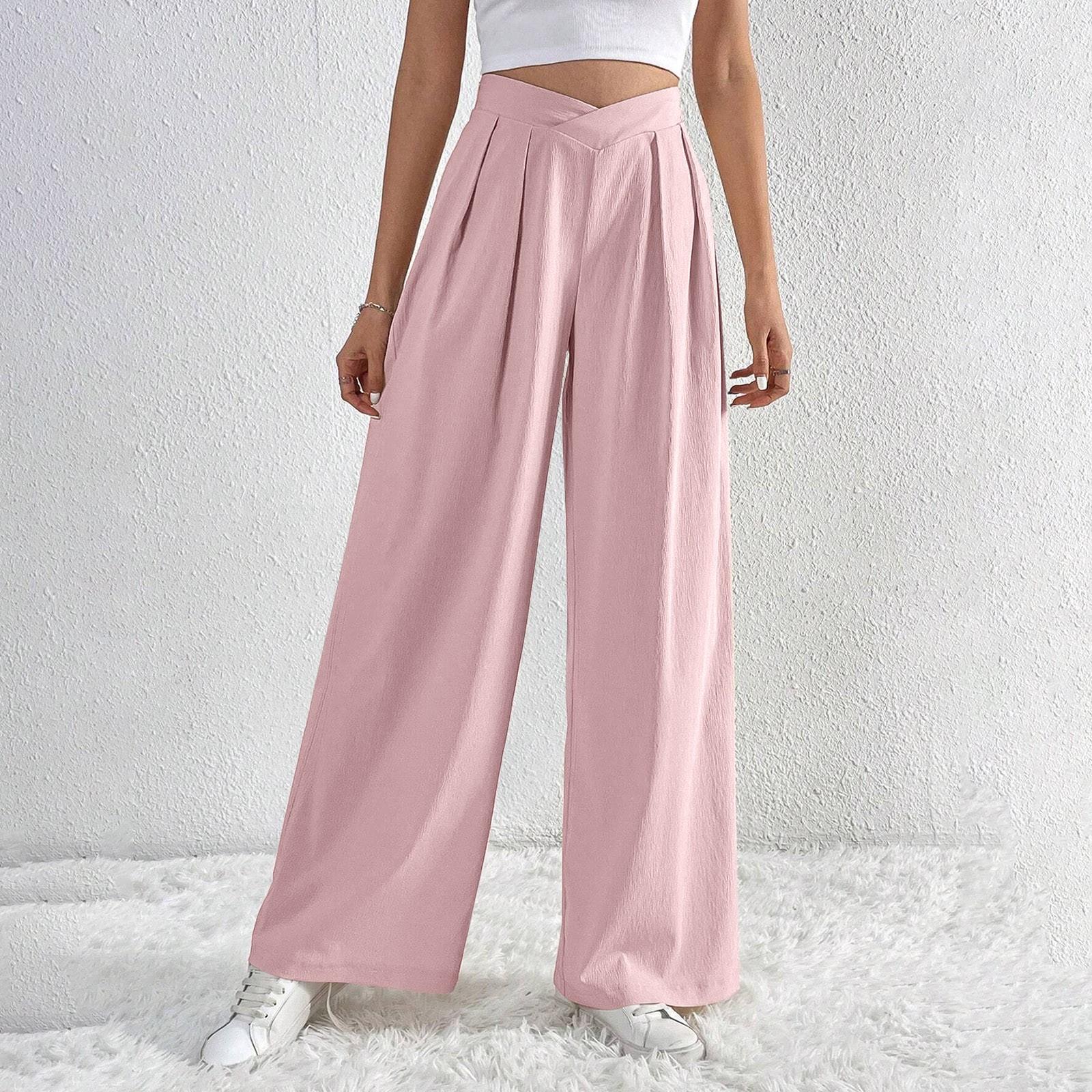 

Fashionable Women s Cross-Wrap Front Work Casual Pants Soft High-Elastic Waist Casual Business Long Pants M розовый