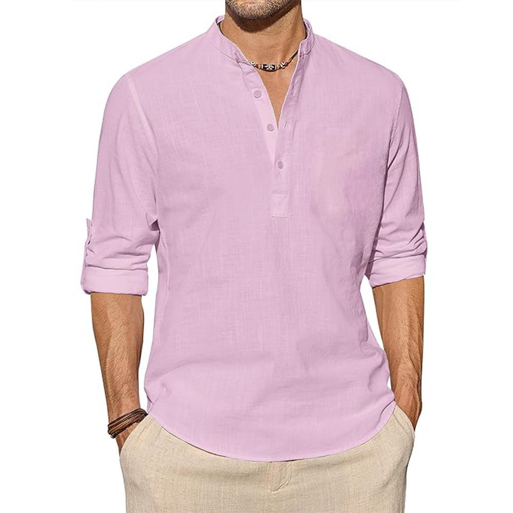 Cotton Linen Shirts for Men Casual Shirts Lightweight Long Sleeve Henley T Shirt Solid Color Long Sleeve Tops Roll Up