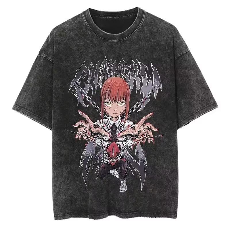 Kettensägenmann Anime Vintage Gewaschenes Baumwoll-T-Shirt Herren Damen Harajuku Kurzarm-Tee Streetwear Unisex Mode