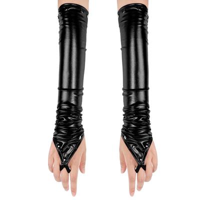 Women Ladies Wetlook Metallic Fingerless Latex Gloves with Rivets Patent Leather Elbow Length Long Gloves Night Club Dancewear