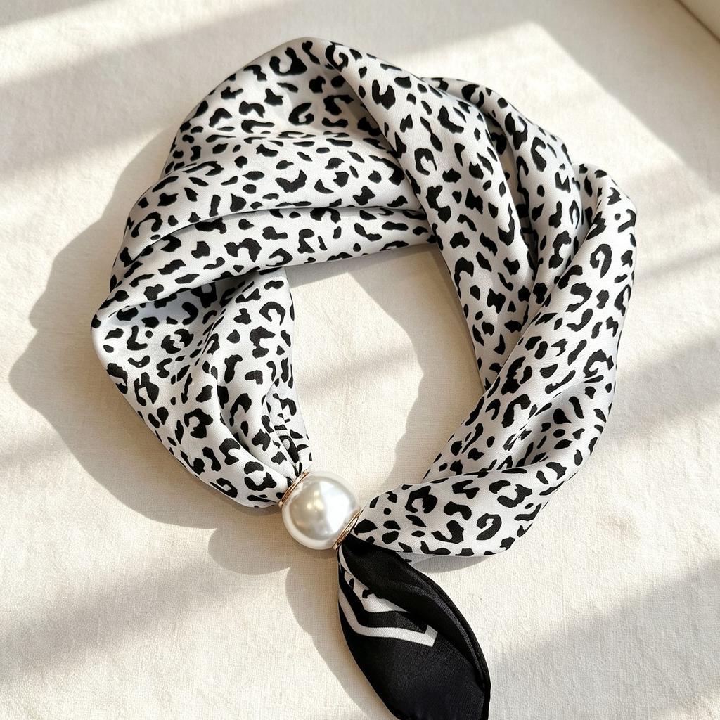 Popular Magnetic Buckle Pearl Necklace Silk Scarf Classic Striped Design Small Scarf Women's Protection Collar Anti-sun Thin Scarf