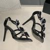 Fashion Luxury Rhinestones Flowers Buckle Strap Women Gladiator Sandals Sexy Narrow Band Mary Janes Thin High Heels Summer Wedding Shoes