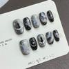 Hand-Painted Starry Sky Cat Eye Nail Tips - Silver & Black Short Style