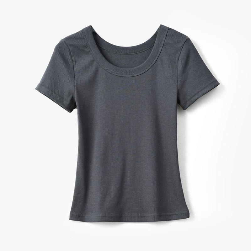 Casual Summer T Shirt For Women With High Elastic Ribbed Fabric And U Neck Design