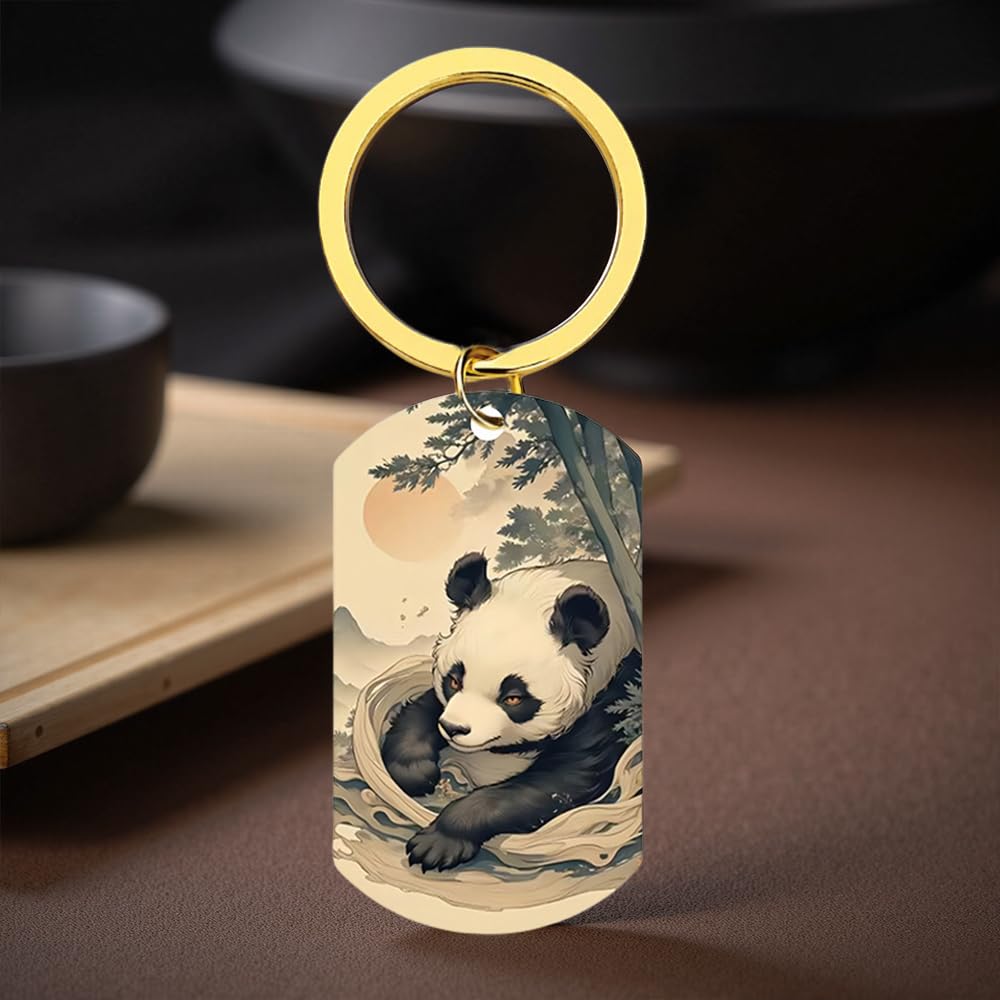 Panda Keychain Japanese Nature Relaxing Mountain Gift Box Stylish Key Japanese Zen Decor [XIOUDO] Ukiyo-e Design, Accessory, Scenery, Included,