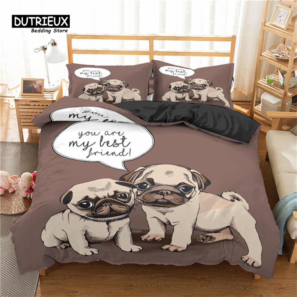 Modern Elegant Pug Pet Dog Polyester Funny Cartoon Animal Size For Kids Child Teens Decor Full King Comforter