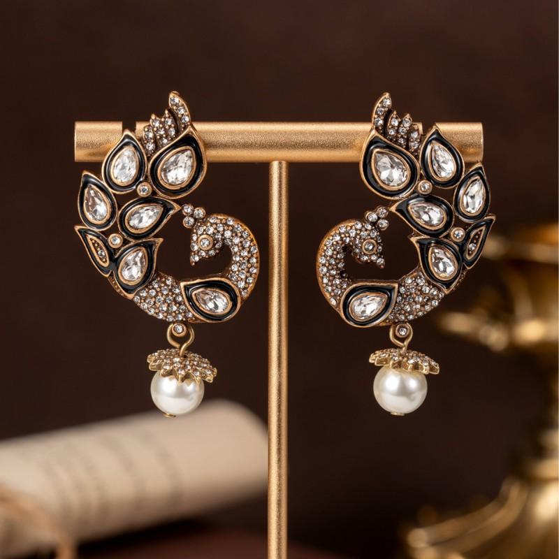 Vintage Set With Diamonds Peacock Pearls Tassel Earrings Court Style