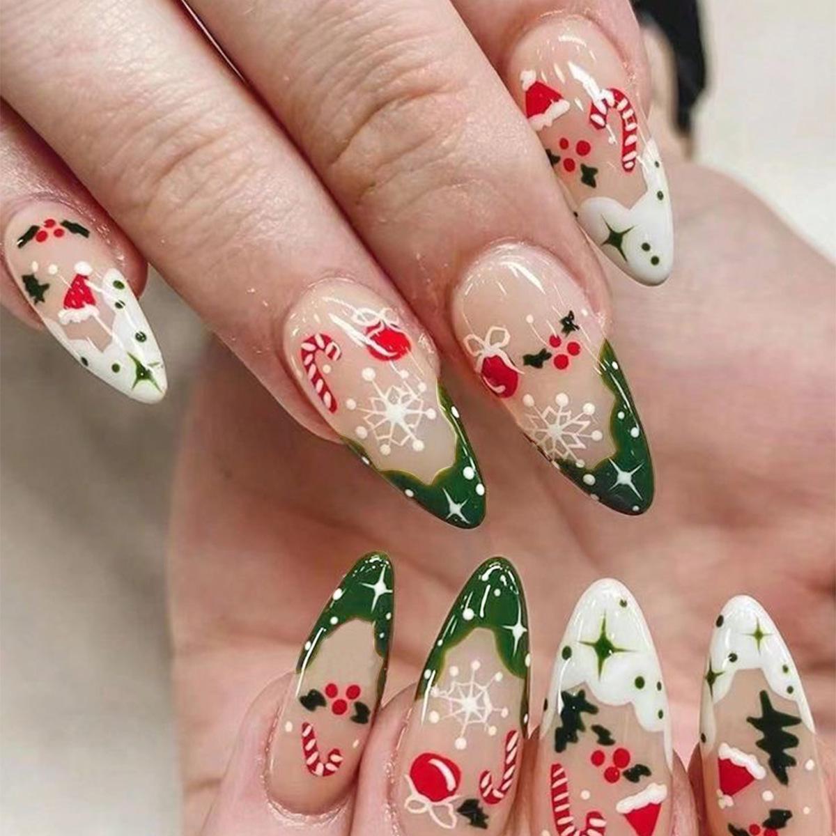 

Festive Oval Nails: Snowflake, Cane, Hat, Tree Designs - 30 Pieces Glue Edition