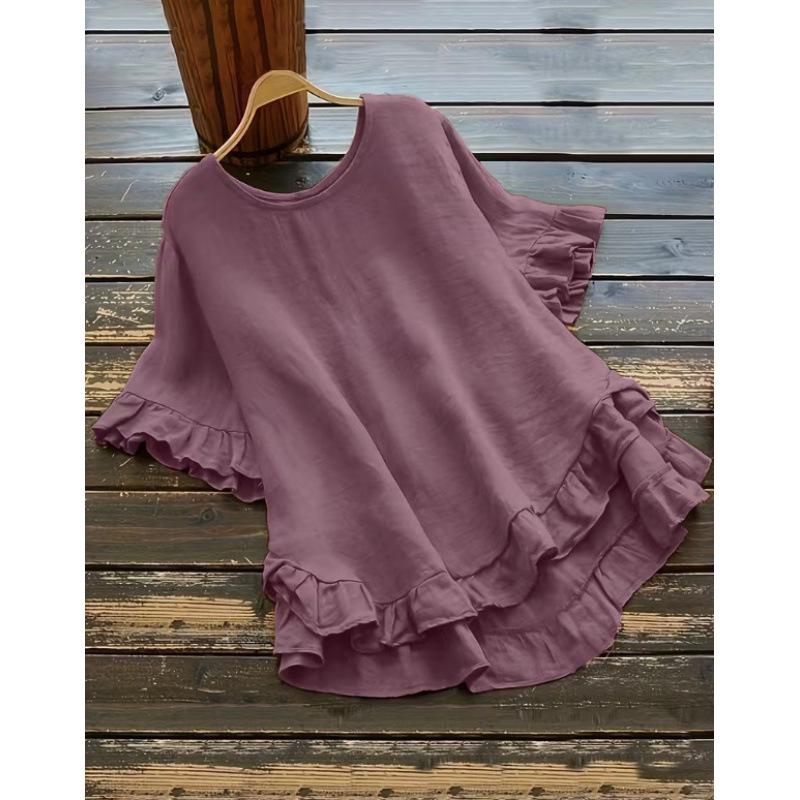 Plus Size Women's Ice Silk Pleated Ruffle Top with Flare Sleeves and Round Neck.