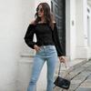 Off Shoulder Hot Style Front Straps Women Blouse Long Sleeve Slim Waist Pleated Short Top Elegant Casual Shirt New Solid Color Ruffled Clothng