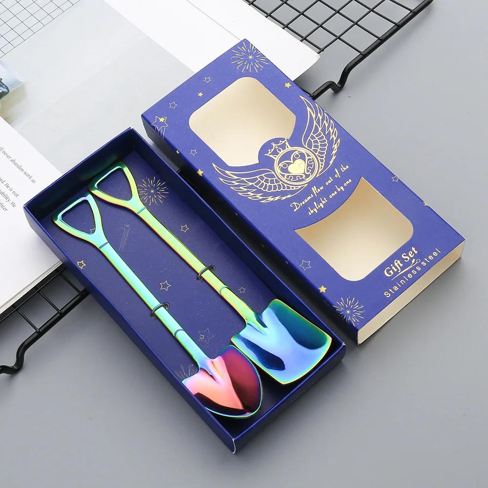 2ks/sada Nerezová žehlička Lopatka Lžíce Kávová Zmrzlina Lžíce Lžíce Strojírenství Lopatka Retro Roztomilá hranatá hlava Lžíce Kuchyňská pomůcka