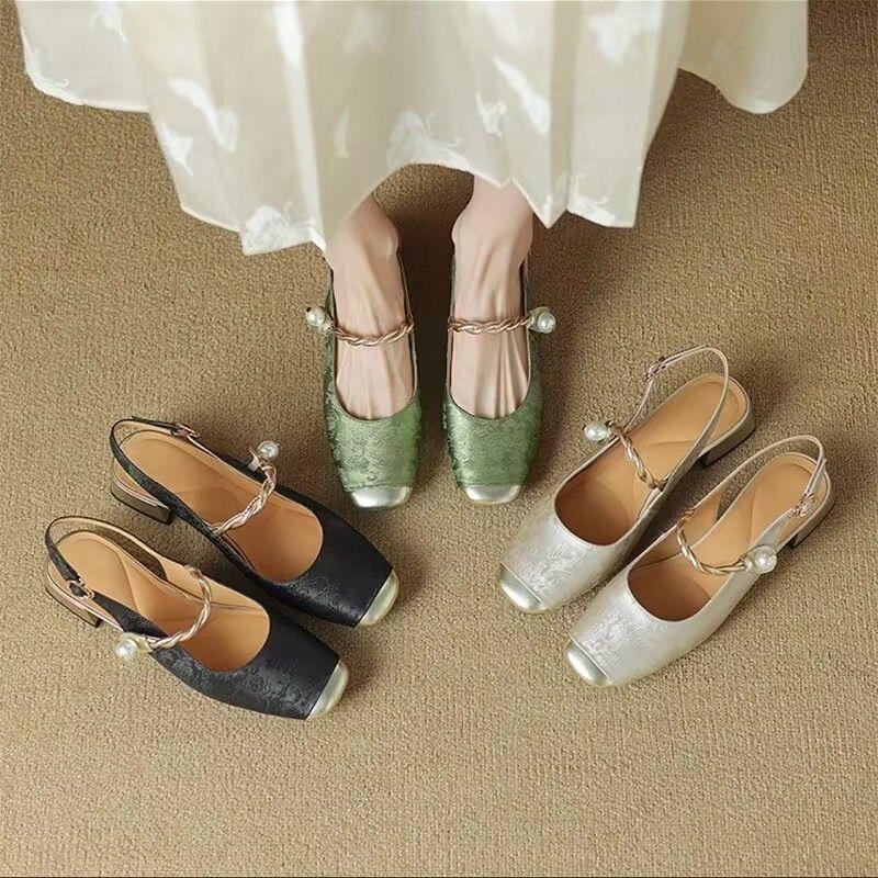 Thick heel with skirt with sandals women wear 2024 new Chinese national style fairy bag head and half slippers in summer