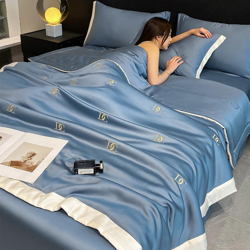 Embroidered Ice Silk Summer Quilt Set: 4-Piece, Machine Washable, Thin & Cool