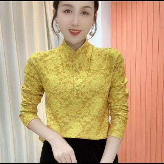 

New Stylish Jacquard Ruffle Button Long-Sleeve Age-Reducing Women s T-Shirt 4XL (Recommended 135-150 lbs)