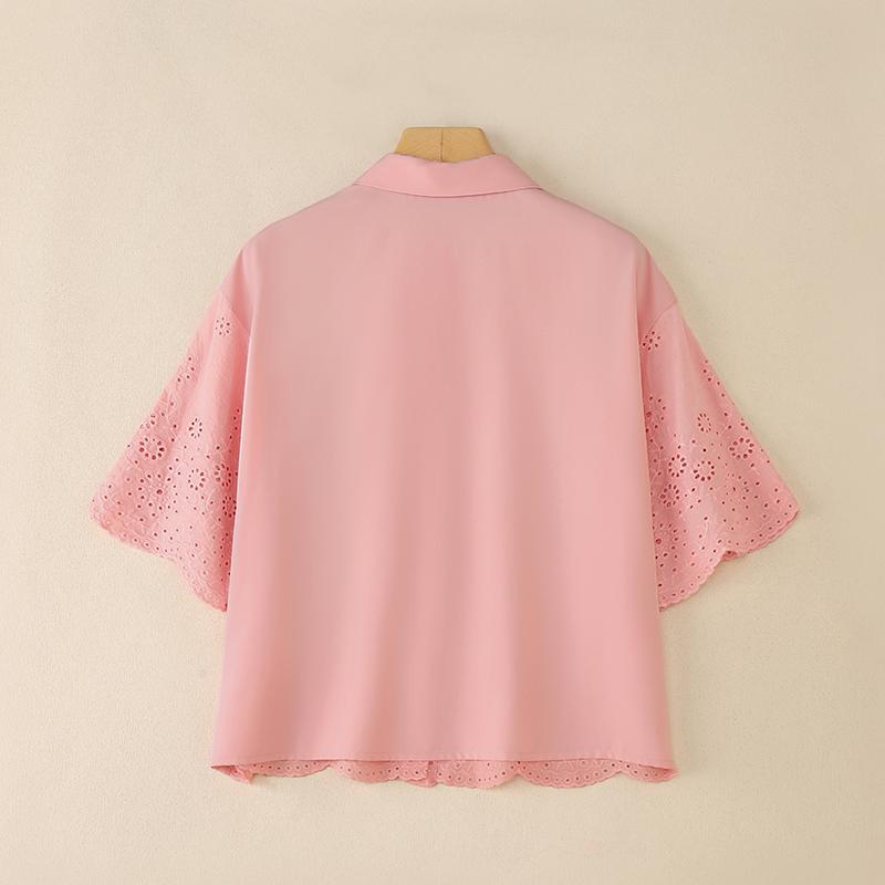 ZANZEA Women Casual Turn Down Collar Loose Half Sleeve Crochet Patchwork Blouse