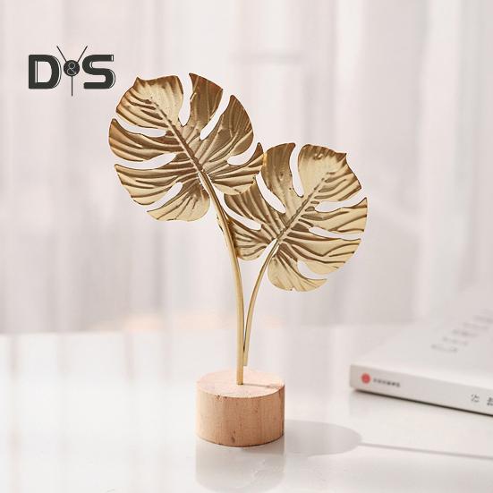 Goldene Ginkgoblatt-Dekoration mit Holzsockel, Metallfederblätter, Schneeflockenfigur, Statue, Skulptur, Home-Office, Wohnzimmer, Schreibtisch-Ornament