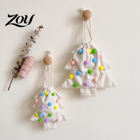 Cute Fur Ball Bell Ornaments Christmas Tree Drawstring Gift Bag, Plush Pom Hanging Reusable Xmas Decorations Ornament, Candy Pouch Decor for