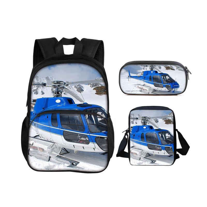 Helicopter Round Front Bag Backpack Pencil Case Shoulder Bag 3Pcs Set Mechanical Printing Best Gift for Boys and Girls In School
