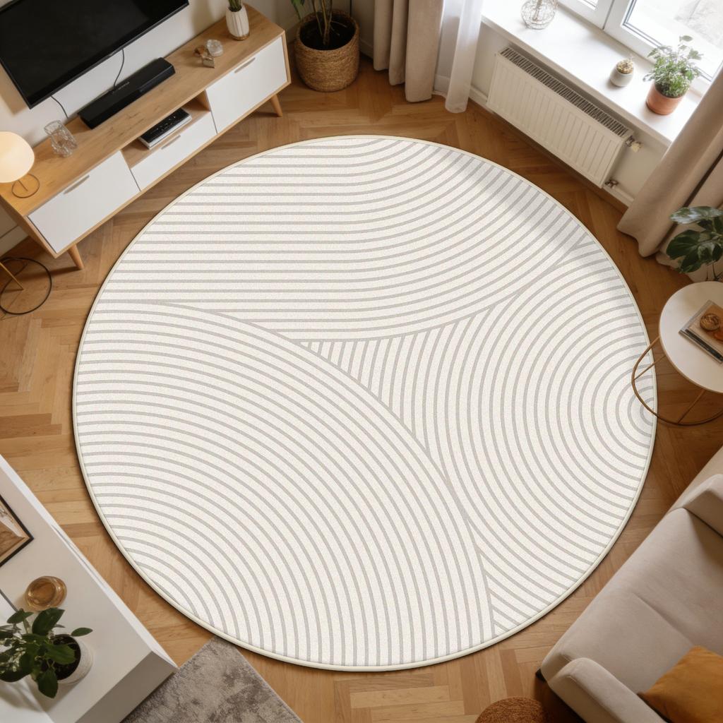 Light Beige Minimalist Lines Living Room Round Rug Decoration Bedroom Office Fluffy Carpet Easy Clean Soft Tables Chairs Mats