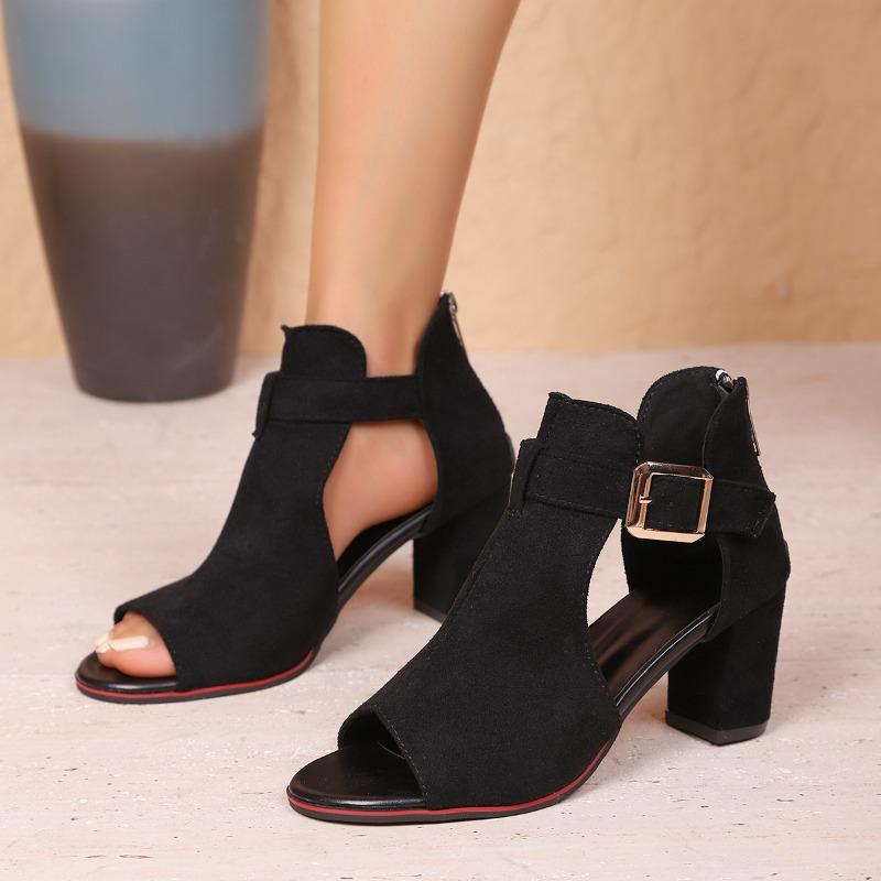 Mode Mode Fiskmunssandaler Sommar Nya Rund Tå Öppen Tå Mocka Metallspänne Halkfri Slitstark Högklackade