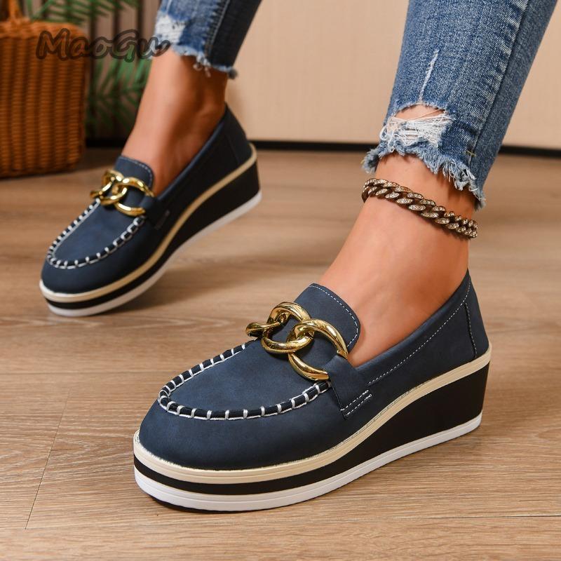 Plus Size 36-43 Wedges Women's Casual Shoes High Heel Chain Comfortable Solid Color Work Shoes Slip on Loafers Daily Office Wear