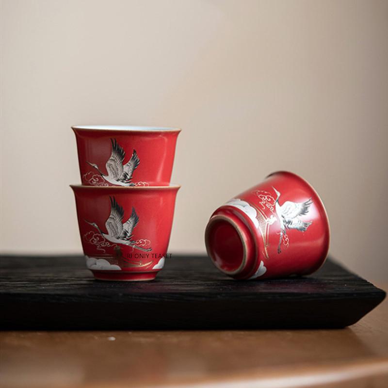 1 Pc Chinese Ceramic Tea Cup Handmade Flying Crane Teacup Household Red Tea Bowl Travel Personal Master Cup Tea Set 40ml
