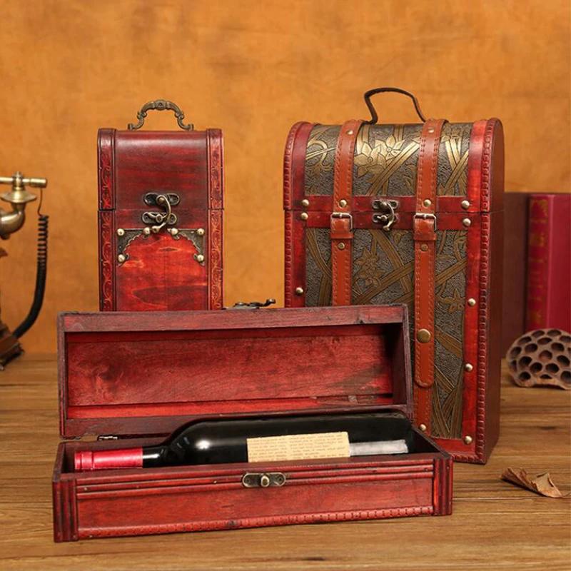 Vintage Red Wine Box Wooden Wine Box Retro Treasure Gift Xmas Wine Storage Box Case Bottles Package with Handle Gift storage box