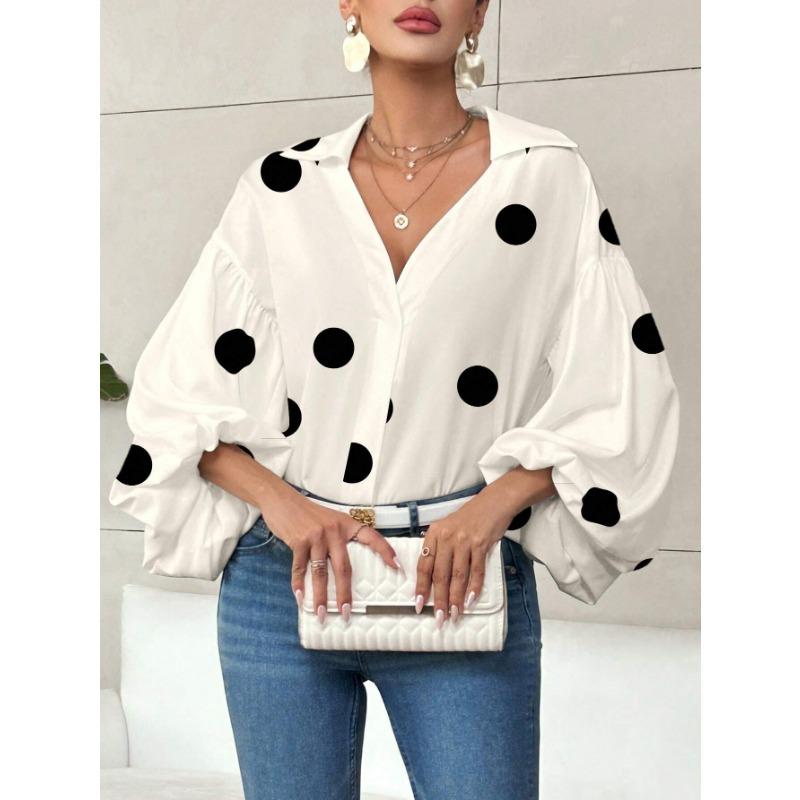 DAFIFY Mote Casual Vår Høst Polkadotter Trykk Langermet POLO Hals Bluser & Skjorter for Kvinner