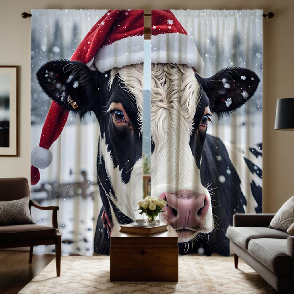 2pcs HD Cow decorative curtain with Santa hat White tie digital printed curtain Home Decoration style Decorate living room be