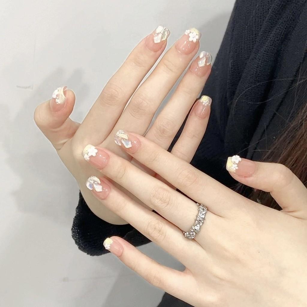 Fake Nails Romantic Flower Crystal Starry Sky press on nails acrylic Fake Nails Reusable Fake Nails