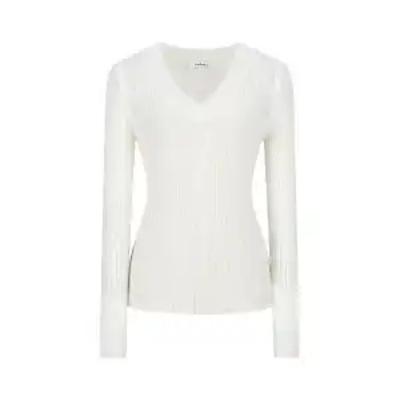 Einfarbige gerippte Strickware Damen V-Ausschnitt Slim Langarm Unterhemd Top