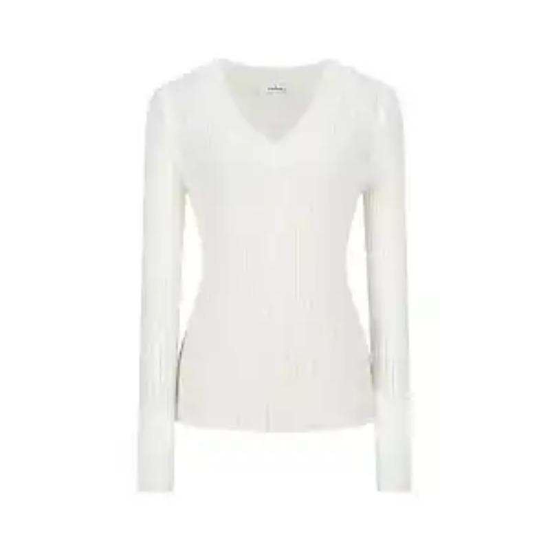 

Solid Color Threaded Knitwear Women s V-neck Slim Long-sleeved Bottoming Shirt Top S покинуть белый