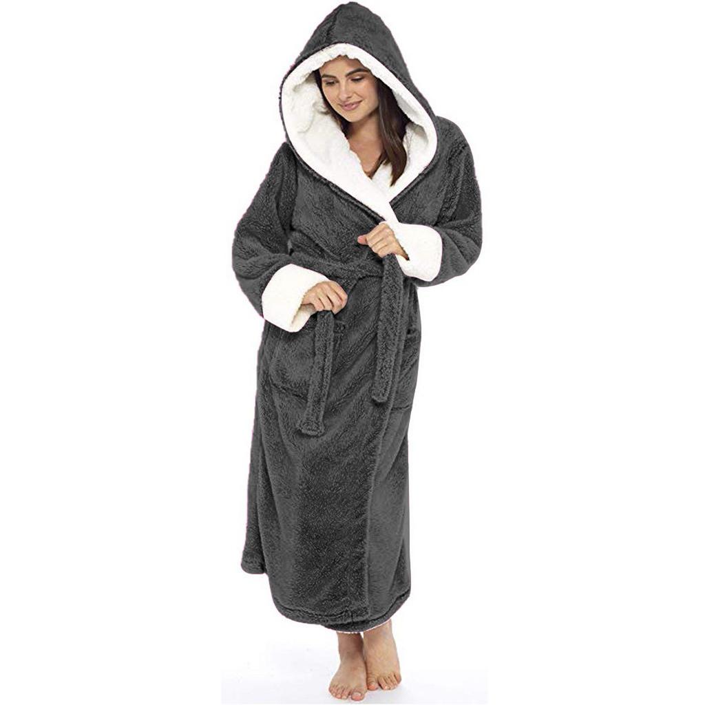 Fashion Women Winter Plush Lengthened Shawl Bathrobe Cardigan Home Clothes Long Sleeved Robe Coat Pajamas