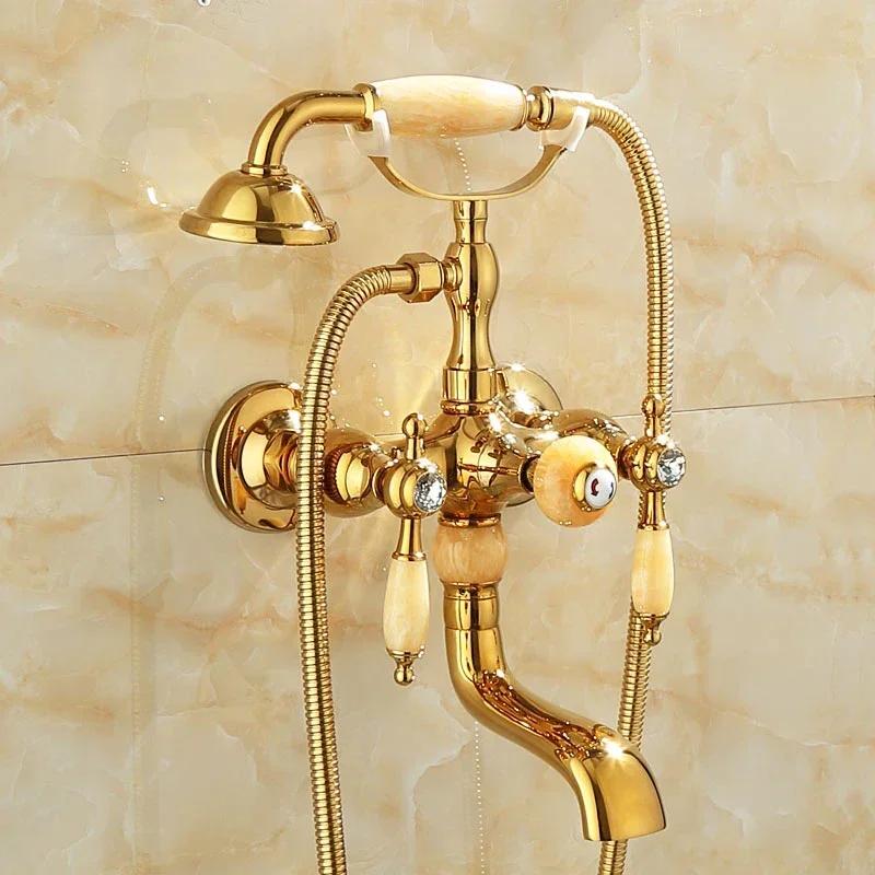 

Gold Bath Shower Faucet Wall Mounted Bathtub Faucet With Hand Shower Jade Handle Dual Handle Hot and Cold Water Mixer Tap